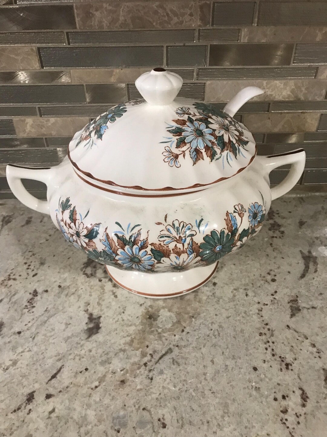 Off White Ivory Footed Soup Tureen With Lid Ladle Ceramic Serving Bowl  Blue White Brown Floral Pattern (11 Inches W’ X Inches H’)