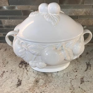 Japanese White Footed Soup Tureen With Lid & Ladle Fruit Embossed Design Serving Bowl (10 Inches W’ X 9 Inches H’) Made In Japan