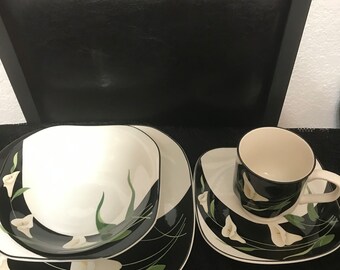 Sango Quadrille Black Lilies Four Square Dinner Plates Four Square
