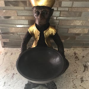 Good Luck Monkey Statue Wearing Gold Hat And Vest Sitting With Bowl Figurine Collectible Sculptures Decorative Decor Artwork (12 Inches H’)