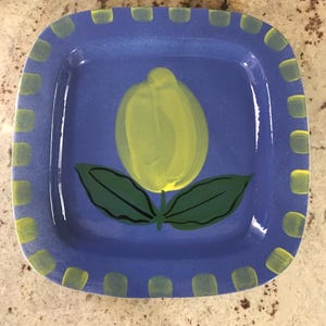 Italian La Gioconada Hand Made In Italy Blue Yellow Lemon Design Square Plattet Collectible Decorative Plate Tray (11 1/4 Inches)
