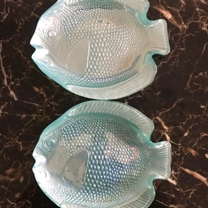 Two Vintage Handmade Decorative Turquoise Glass Fish Plates Hand Painted Set Of Two (10 1/2 Inches)