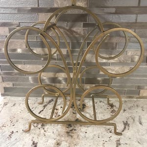 Gold Rustic Metal Rack 4 Wine Liquor Bottle Holder Stand Swirl Design Decor With Handle (14 Inches H’ X 5 1/2 Inches W’ X 12 Inches L’)