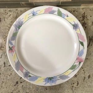 Könnte beinhalten: Ein weißer Keramik-Dinnerteller mit einem Blumendesign in Blautönen, Rosa, Gelb und Grün. Das Design zeigt Blätter und Blumen am Rand des Tellers.
