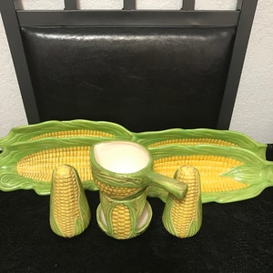 1970 Vintage PAX Ceramic Hand Painted Corn Salt & Pepper Shakers Pot Butter Warmer With Four Corn Serving Plates (Set of 8)