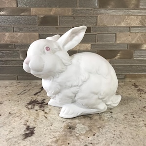 White Fluffy Ceramic Bunny Rabbit Figurine Sculpture Statue Collectible Artwork Decor By Dept (5 1/2 Inches H’ X 4 1/2 Inches W’)