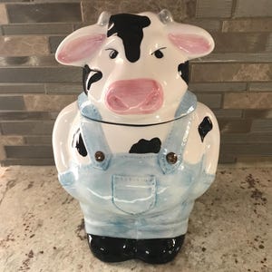 Cow Wearing Blue Moo Overall Ceramic Savoy Housewares Cookie Jar Collectible Container Kitchen Decor (10 1/2 Inches)