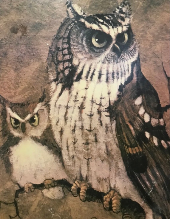 1970's Richard Screech Owl Wood Framed Plaque Wall Picture