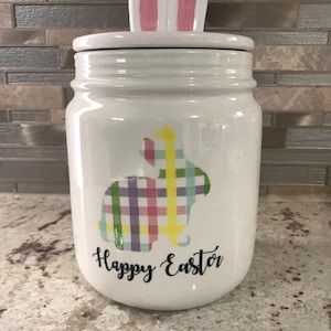 Happy Easter Signature Select snoeppotje opbergdoos voor koekjestrommel met deksel met konijnenoren (8 x 5 inch)
