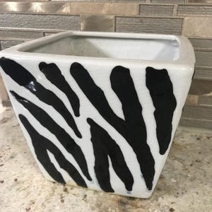 以下が含まれることがあります： 黒いゼブラストライプ模様の正方形の白いセラミックプランター。プランターはわずかに先細りの形状で、屋内または屋外での使用に適しています。黒いストライプは白い表面に塗装されています。