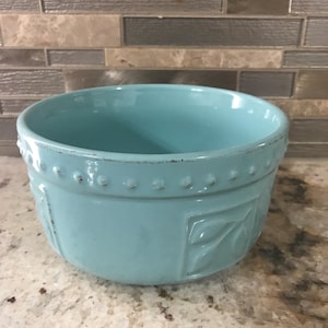 May include: A light blue ceramic bowl with a decorative embossed leaf pattern. The bowl has a rounded shape with a slightly flared rim and a band of small, raised dots around the top. The bowl is sitting on a speckled countertop.
