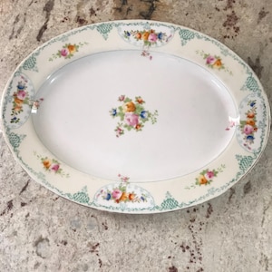 Japanese Gold Castle Floral With Green Design Oval Collectible Vintage Fine China Porcelain Serving Platter (12 Inches L’ X 8 3/4 Inches W’)