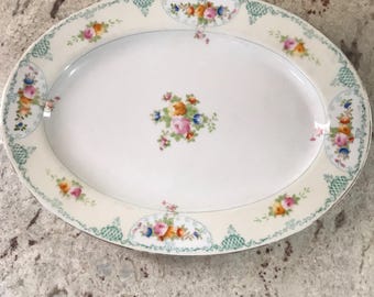 Piatto da portata ovale da collezione in porcellana fine vintage con motivo floreale giapponese Gold Castle e motivo verde (12 pollici L' x 8 3/4 pollici W')