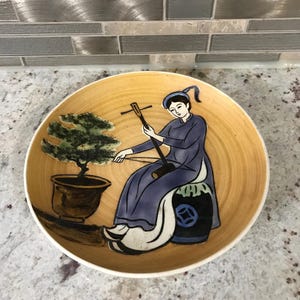 Vietnamese Woman Playing Dan Nguyet (Moon Shaped Lute) Stoneware Collectible Decorative Artistry & Musical Traditions Plate (8 Inches)