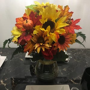 Sophie’s Sunflowers Artificial Orange Red Yellow Floral Centerpiece Arrangement With Vase Decor