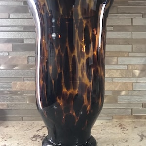 Murano Style Tortoise Hurricane Vintage Brown Leopard Print Hand Blown Glass Footed Collectible Tall Vase (12 1/4 H’ X 7 1/2 Inches W’)