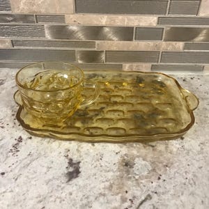 1960 Yellow Federal Yorktown Bubble Glass Snack Plate & 4 Oz Cup (Set Of Two)