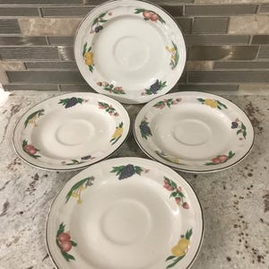 Four Gibson Fruit Festival Design Stoneware Scalloped Edge Collectible Decorative Saucer Plates (6 1/2 Inches) Set Of Four