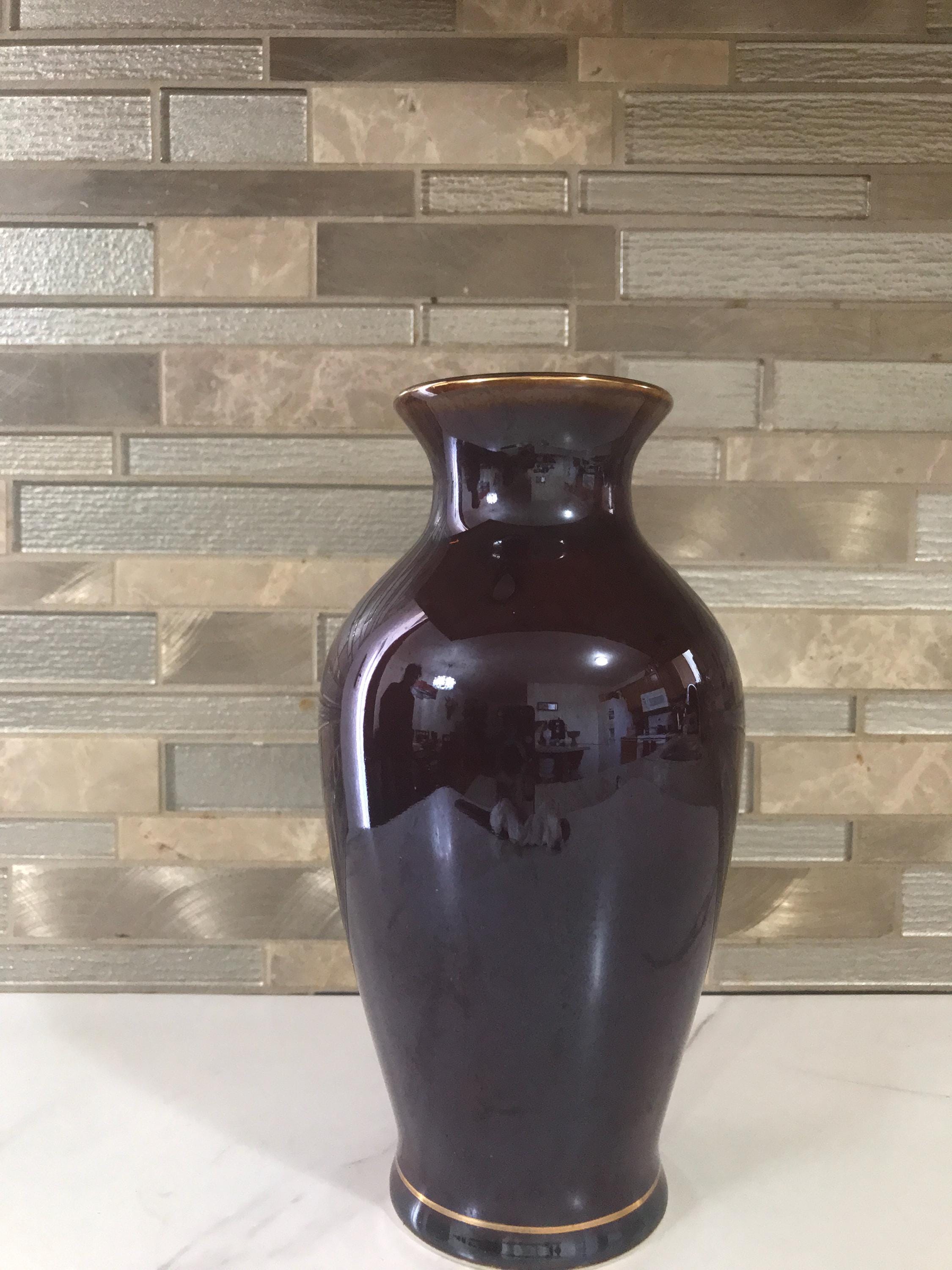 1970年日本製　ガラス　花瓶 1970年頃 日本製 ブラウン 山路手描き 花と孔雀のペア 金赤青磁花瓶