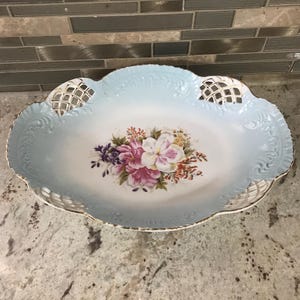 Germany Bavaria Pink Blue White Floral Gold Gilt Accent Scalloped Porcelain Oval Decorative  Collectible Plate  (13 Inches L’ X 9 Inches W’)