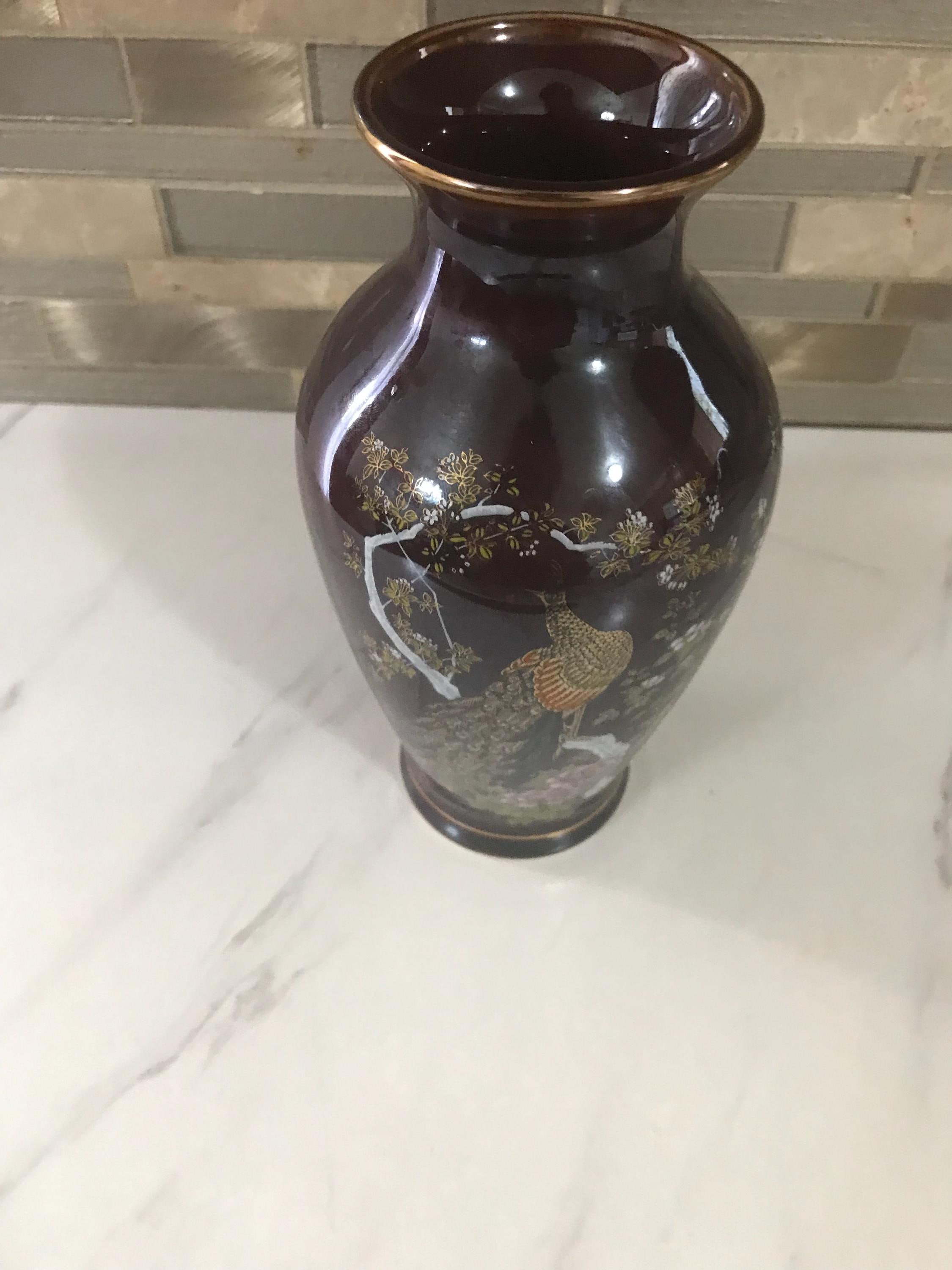 1970年頃 日本製 ブラウン 山路手描き 花と孔雀のペア 金赤青磁花瓶