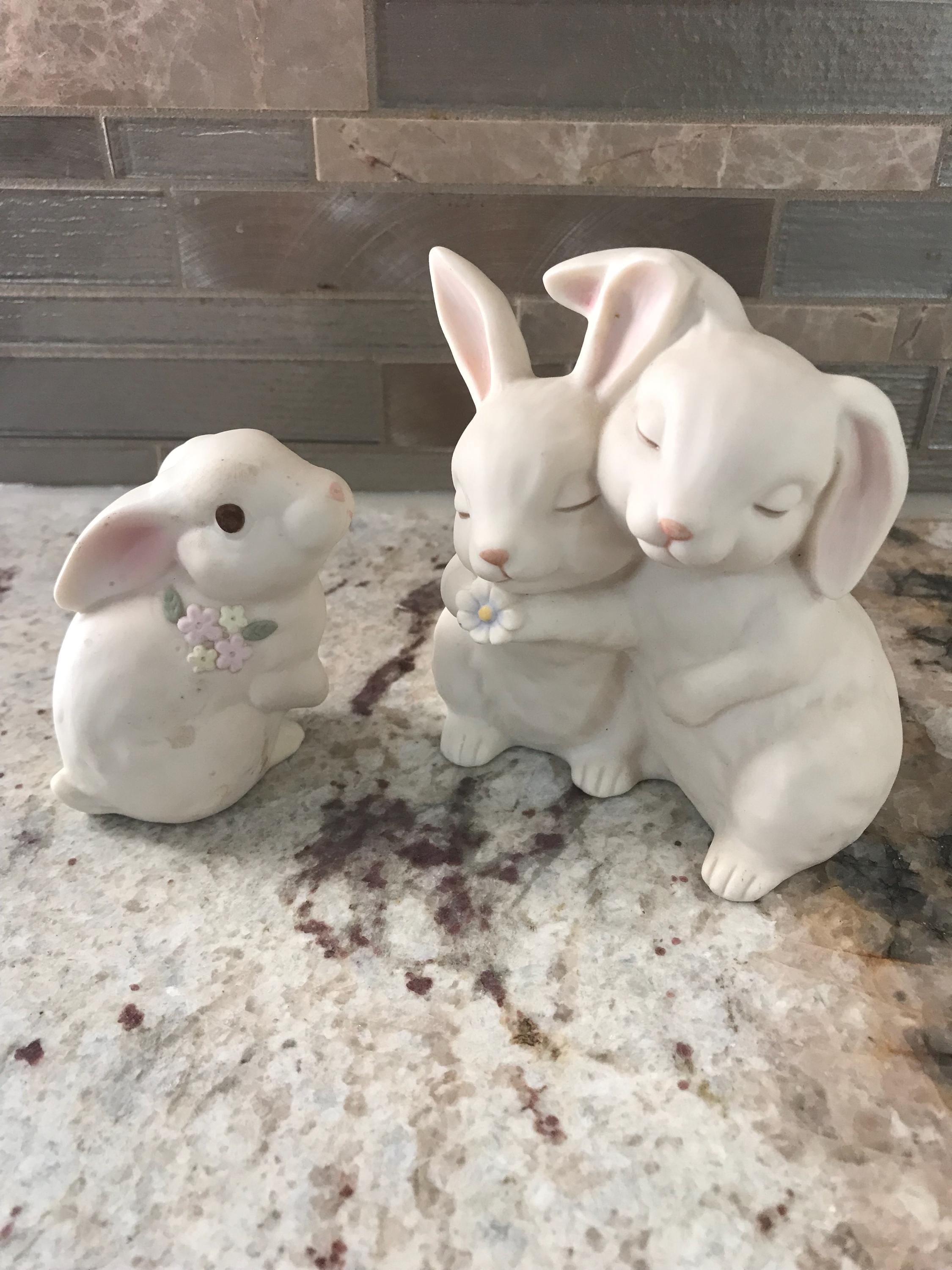 1990 Vintage Homco He Loves Me Bunny Rabbits Ceramic Figurines and