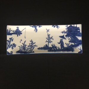 Asian Blue White Hand Painted Landscape Village Fishing Rectangular Porcelain Trinket Jewelry Holder Decorative Collectible Plate