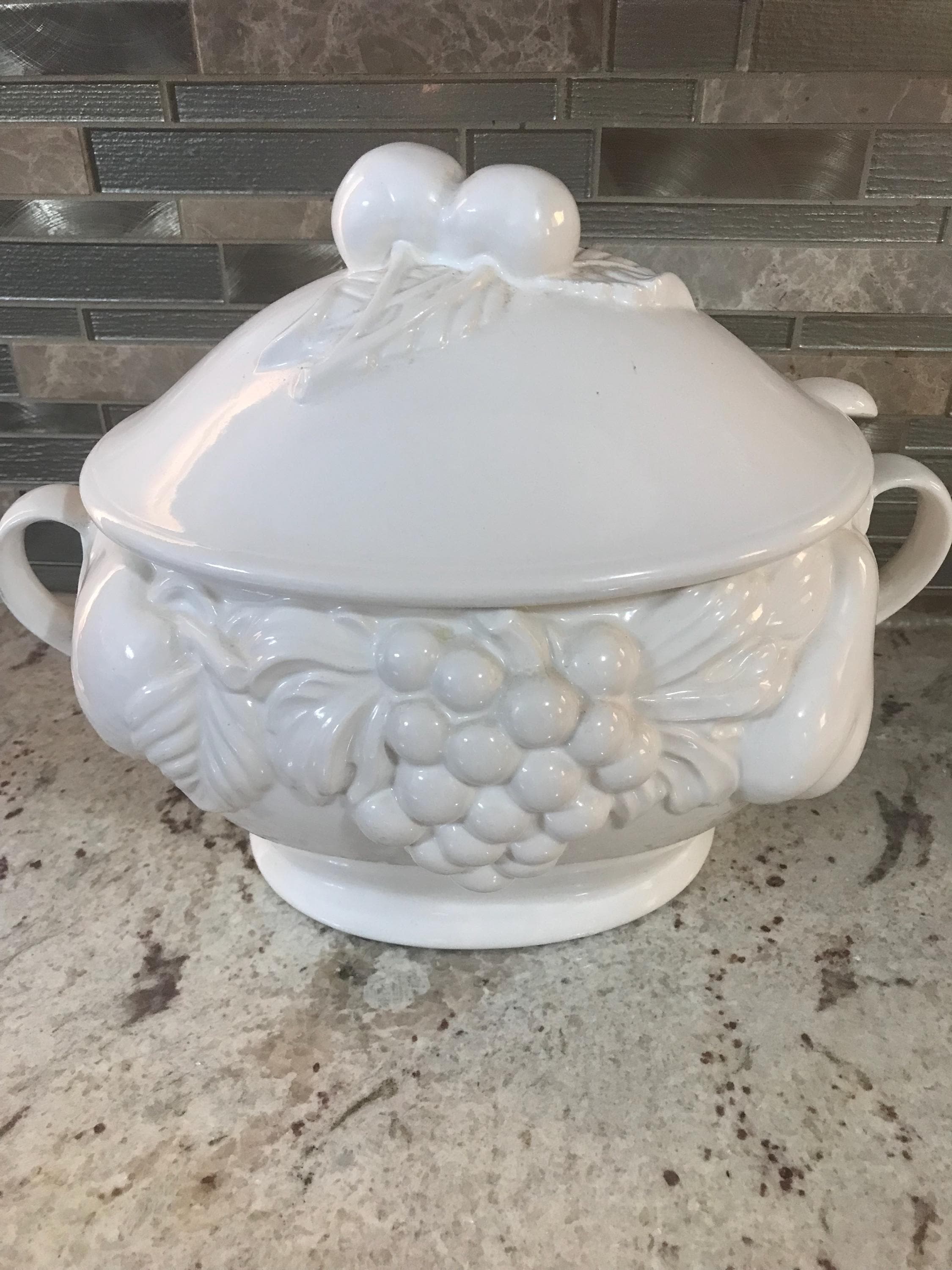 Japanese White Footed Soup Tureen With Lid Ladle Fruit Embossed Design  Serving Bowl (10 Inches W’ X Inches H’) Made In Japan
