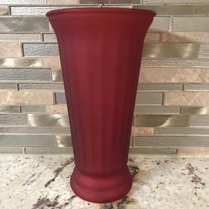 Ruby Red Frosted Cranberry Ribbed Wide Mouth Trumpet Shaped Collectible Glass Vase Weighs About 2 1/2 Pounds(10 Inches H’ X 5 1/2 Inches W’)