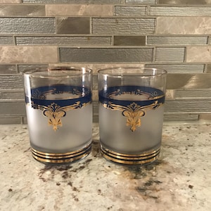 Pair Of Culver 22K  Blue Band Gold Scroll Accents Highball Glass Short Frosted Collectible Cups Set Of Two (4 Inches)