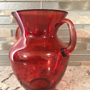 Italian Ruby Red Thick And Heavy With Two Handles Wide Mouth Hand Blown Collectible Vase Decor (6 1/2 Inches H’ X 7 Inches W’)