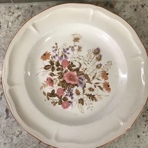 Può includere: Piatto in ceramica bianco sporco con bordo smerlato e design a bouquet floreale. Il bouquet presenta fiori rosa, viola, arancioni e bianchi con fogliame marrone e verde. Il piatto ha un bordo color oro.