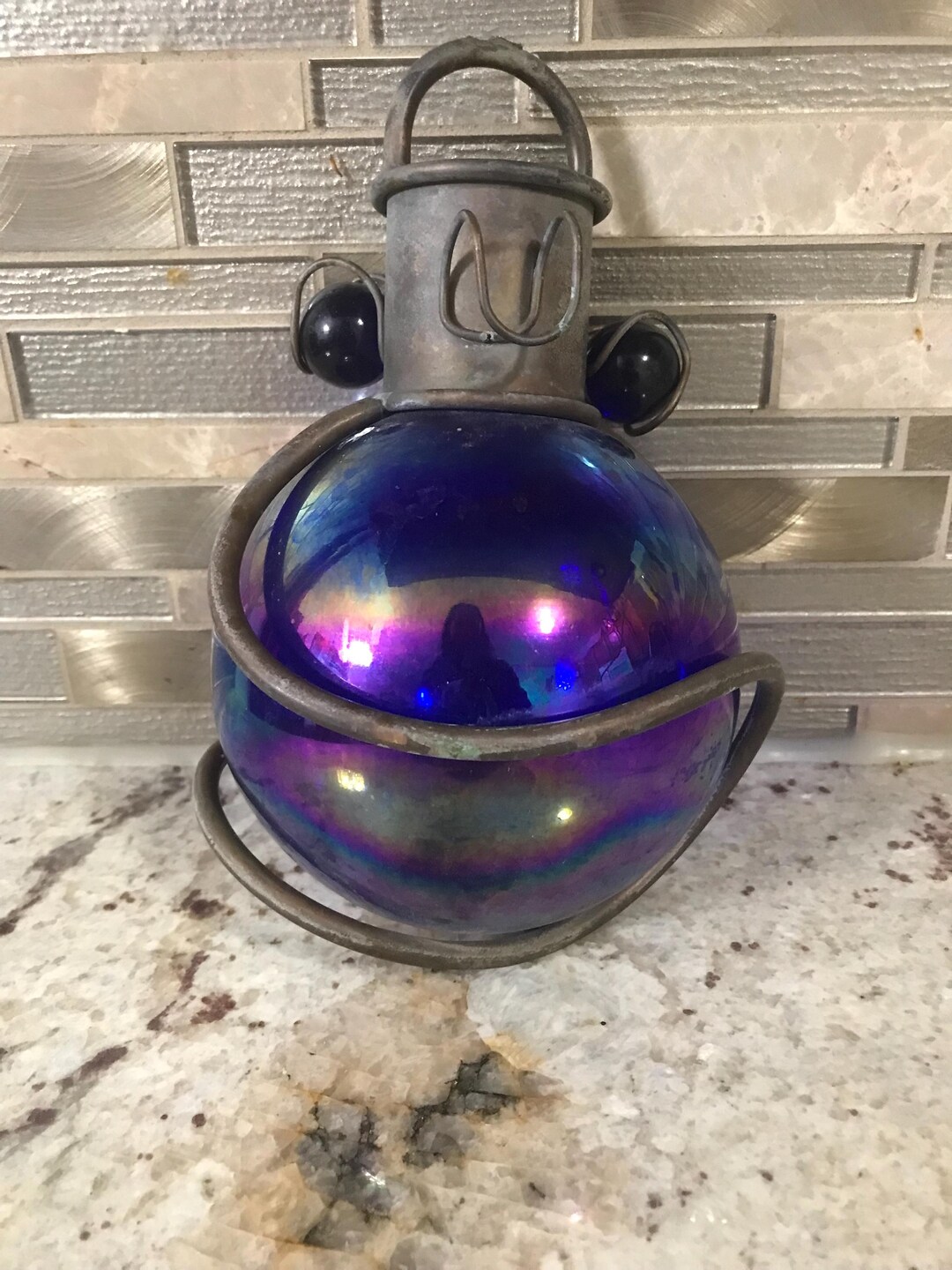 Vintage Hanging Blue Purple Rustic Garden Carnival Glass Ornament