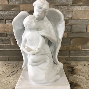 Grey Or White Angel Holding Baby Reading A Book Teleflora Figurine Sculpture Collectible Statue Ceramic Religious Decor (7 1/2 Inches H’)
