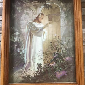 Jesus Christ Knocking At Heart’s Door  Lithograph By Warner Salomon Copyright 1942-1970 With Brown Wood Frame (8 Inches W’ X 11 Inches H’)