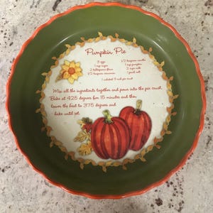 Pumpkin Pie Plate Orange Green With Recipe Deep Dish Baking Pan Collectible Ceramic Serving Bowl (10 Inches L’ X 1 3/4 Inches)