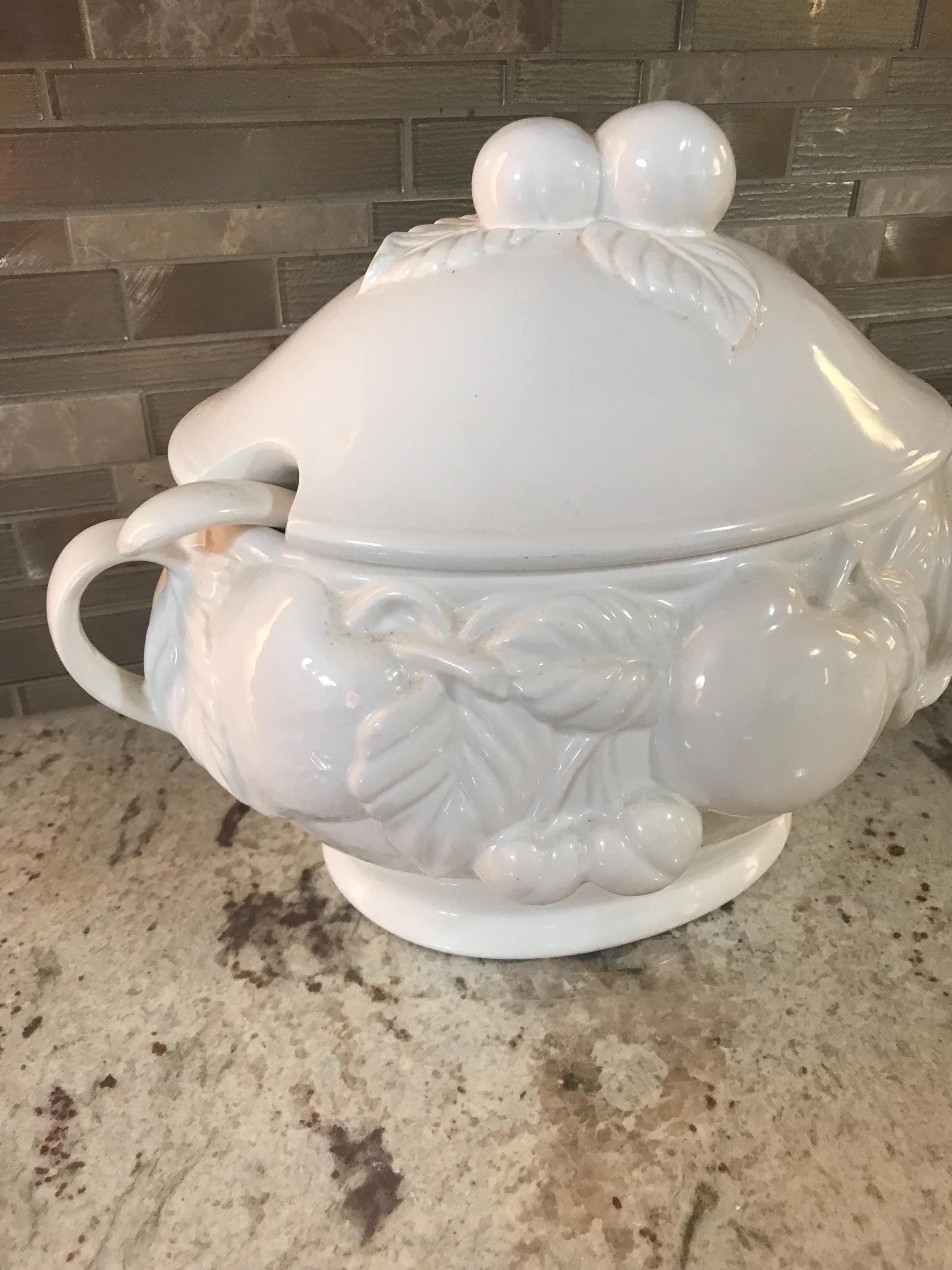 Japanese White Footed Soup Tureen With Lid & Ladle Fruit Embossed