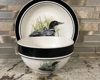 Two Folkcraft Stoneware Loon Lake By Scotty Z Hand Painted Mallard Duck Black Rim Ceramic Stoneware Bowl & Dish Set Of Two