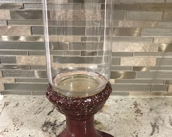 Maroon Burgundy Footed Hurricane Clear Glass Collectible Rustic Candle Holder Decor Vase Display (14 1/2 Inches H’ X 5 1/2 Inches W’)