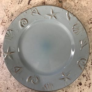 Cape Cod Thomson Pottery Light Blue Turquoise Seashell Nautical Design Ceramic Decorative Dinner Plates (10 1/2 Inches)