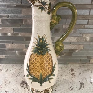 Pineapple Palm Tree Hawaiian Tropical Pitcher Polynesian Decorative Tall Skinny Ceramic Vase (14 Inches H’) Weighs About 2 Pounds