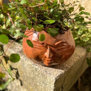 Een grappige ambachtelijke plantenbak met een handgemaakt gezicht van keramiek (zonder bloem)