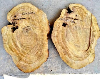 May include: Two irregular, light brown wooden slabs with visible tree rings and dark knots. The left slab is marked 60x40x5 and the right slab is marked 57x40x5.5, indicating dimensions in centimeters. Both pieces feature natural, organic edges.