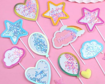 Lovely Big Glitter Star Heart Cake Topper Happy Birthday Cloud Rainbow Balloon Cupcake Toppers Party Supplies