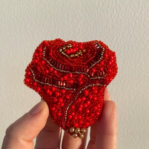 Red Rose Handmade Brooch Elegant Floral Pin Red and Gold Beaded Accessory Gift for Her Blouse Brooch Shirt Bag Jewelry Rose Brooch for Women