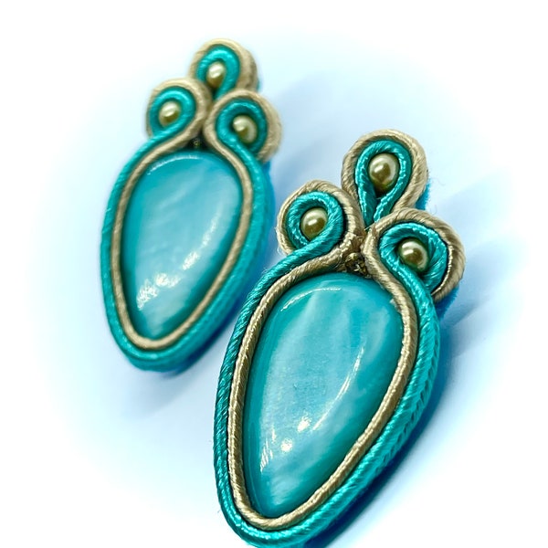 Turquoise Gold Earrings. Turquoise stone. Handcrafted with Silver plated Studs. Soutache Technique & Beads Embroidery Teardrop Statement