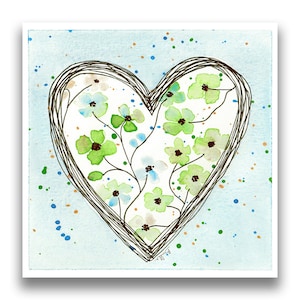 Carte aquarelle Cœur fleuri bleu