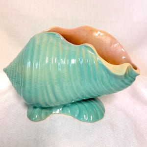 May include: A ceramic planter shaped like a conch shell with a glossy turquoise exterior featuring a fine crackle glaze finish. The interior of the shell is a smooth, soft peach color. The object rests on a wide, integrated turquoise base.