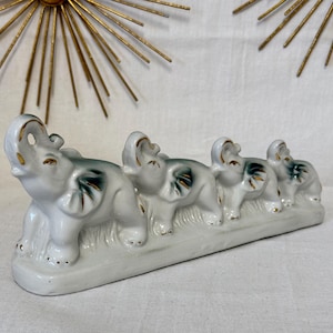 Vintage Hand Painted Gilt Ceramic Elephant Family Trunks Up Good Luck Table Piece Collectible Display Artwork Gift Idea