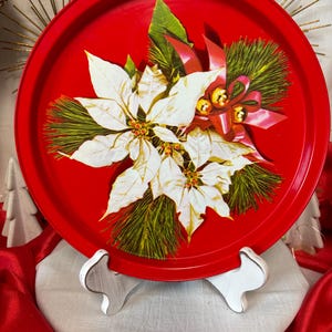 Vintage Christmas Holiday White Poinsettias Jingle Bells Tin Plate Great Condition Collectible Wall Hanging Holiday Gift Idea